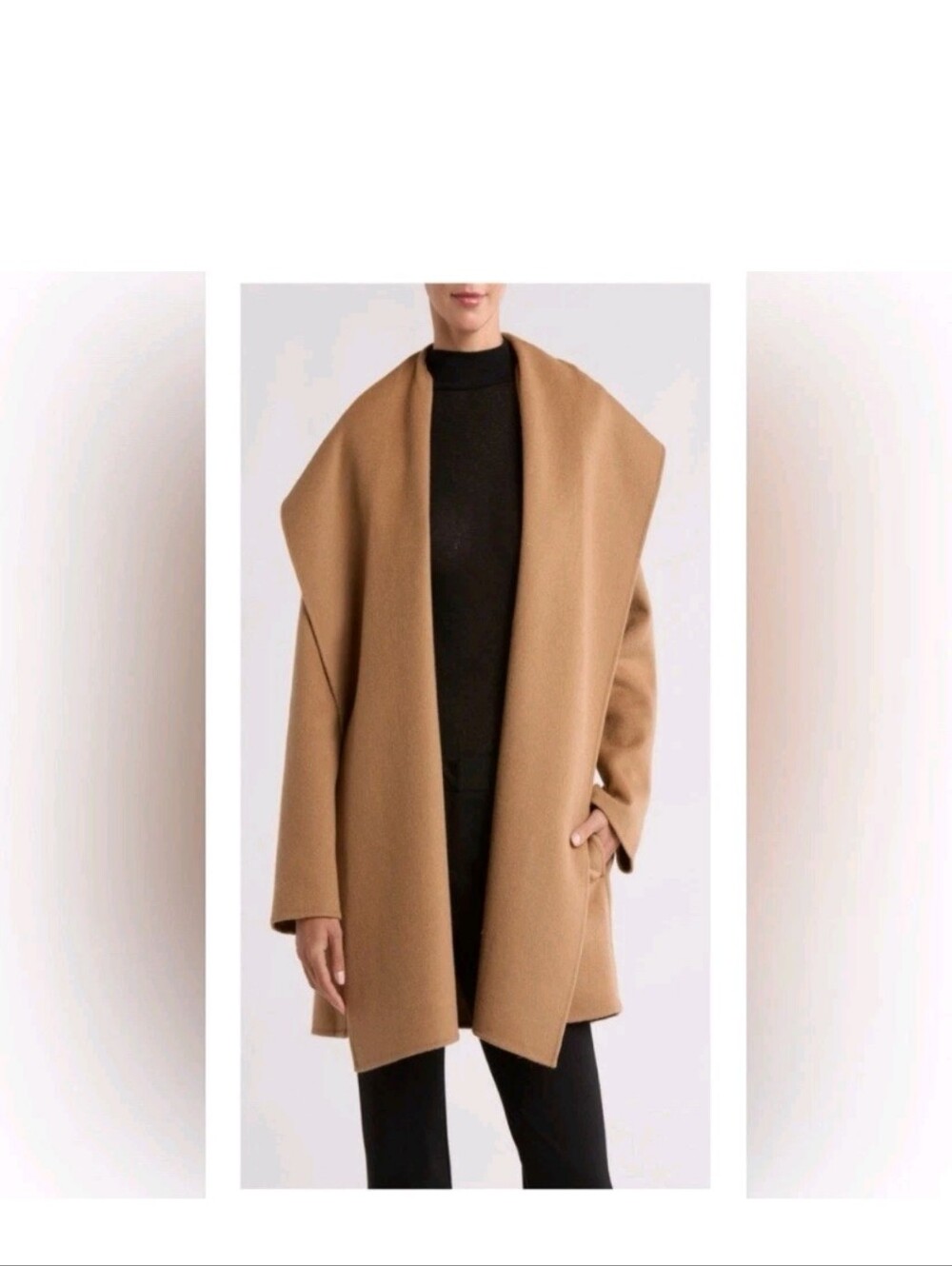 VINCE Wool Blend Open Front Hoded Camel Wool-Blend Wrap Coat Overcoat. Medium